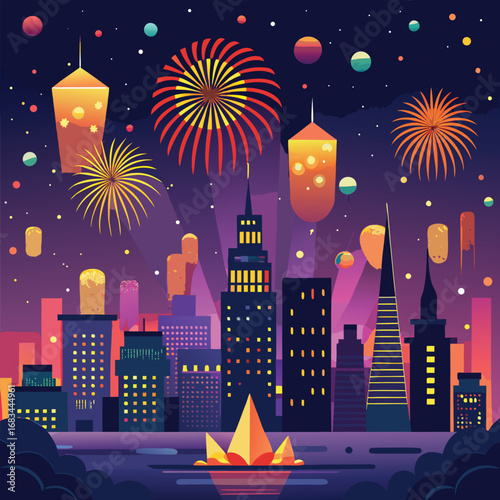 Colorful fireworks illuminate the urban night sky above a festive city skyline