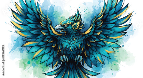 Vibrant illustration of a majestic blue and gold fantasy bird with powerful wings spread in a dynamic pose. Stylized vector art emblem