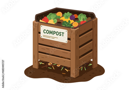 A wooden compost bin overflows with fruits vegetables and yard waste sitting on soil