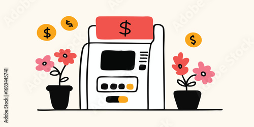 An illustrative artwork depicts a money machine surrounded by vibrant flowers and coins, symbolizing financial prosperity and growth.