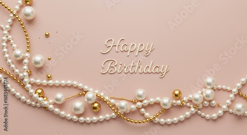 Happy birthday greeting card design with pearls and gold chains