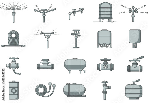 Array of irrigation equipment icons including sprinklers tanks valves and hoses