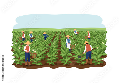 Farmers harvest crops in a dense field under a vast sky