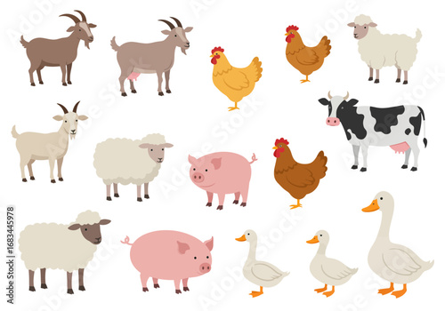Farm animals illustration goats sheep chickens pigs cows and geese stand on a white background