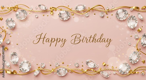 Happy birthday pink background decorated gems and ribbons