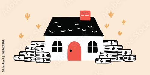 A charming cartoon illustration of a cozy home nestled amidst stacks of money, symbolizing homeownership, financial security, and investment in the housing market.