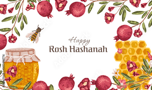 Happy Rosh Hashana and Shana Tova poster with honey jar and pomegranate. Jewish new year greeting card