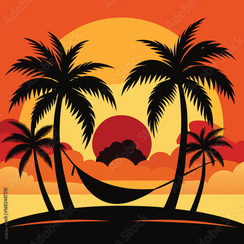 Tropical summer sunset over a beach with palm tree silhouettes