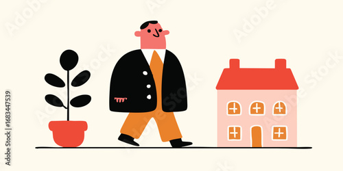 A charming illustration of a man strolling towards his new house, complemented by a potted plant, symbolizing new beginnings, the journey of homeownership, and the joys of settling down.