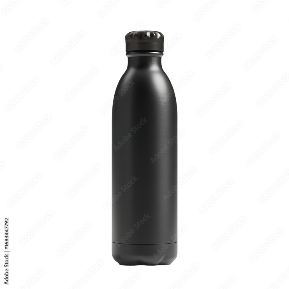 A sleek black water bottle stands a simple product shot A sleek black water bottle stands a simple product shot
