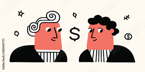 Two animated businessman face each other with a dollar symbol between them, in a unique cartoon style. Illustrating business and finance theme.