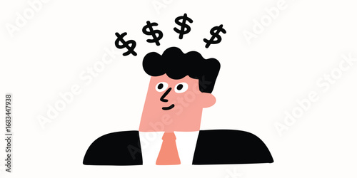 A simplified cartoon of a man contemplates a series of dollar signs, representing wealth and financial aspirations.
