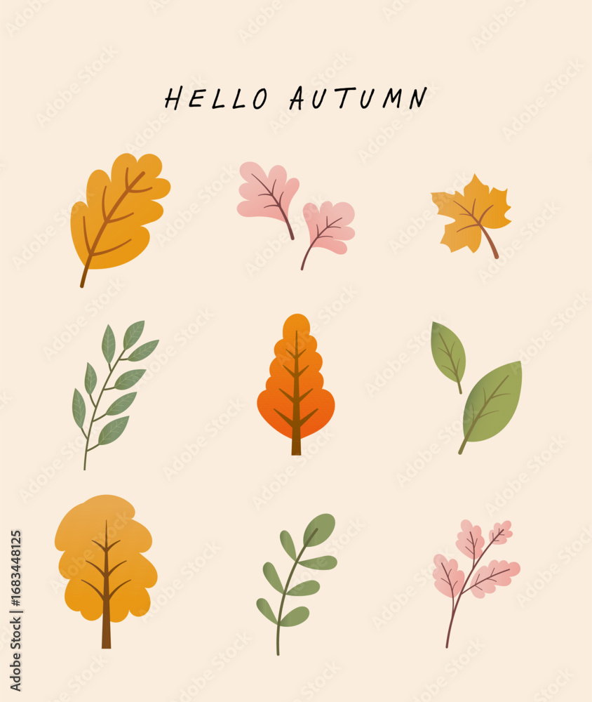 Obraz premium Minimalist autumn leaves and tree collection illustration. Flat design with colorful seasonal foliage in orange, yellow, green, and pink tones.