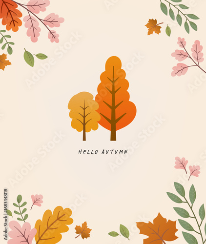 Autumn background illustration with colorful trees and falling leaves in orange, yellow, pink and green tones. Seasonal flat design with decorative foliage frame.