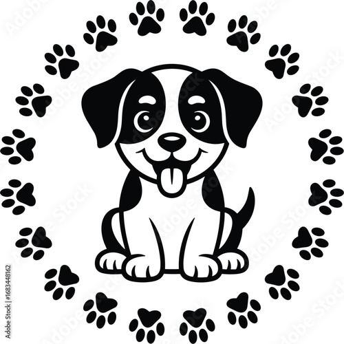 Cartoon Dog Vector Illustration with Paw Prints Circle Background Art