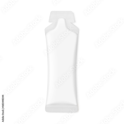 Sachet bag mockup for energy gels, sport nutrition, cosmetics. Vector illustration isolated on white background. Flat lay view. Can be use for template your design, presentation, promo, ad. EPS10.