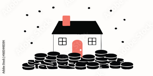 A charming illustration of a home with coins symbolizes financial security and the potential of real estate investment. The house and coins are artfully arranged.