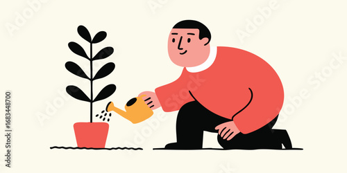 An illustrated scene showcases a person carefully watering a plant, symbolizing growth and nurturing. A simple and stylish vector art that celebrates a vital connection with nature.