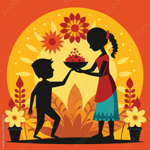 A beautiful fashion illustration of a romantic couple surrounded by red hearts and flowers on Valentine's Day