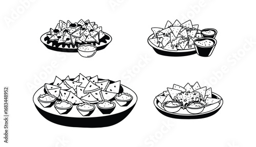 Monochrome illustration of crispy nachos with cheese and bowls of dipping sauce.