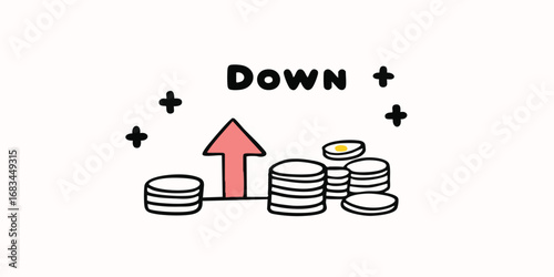 An upward-pointing arrow indicates a rise in value, while stacks of coins suggest financial growth and increase.