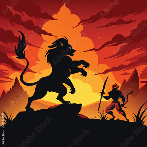 Black Halloween vector illustration of a fiery dragon silhouette at sunset