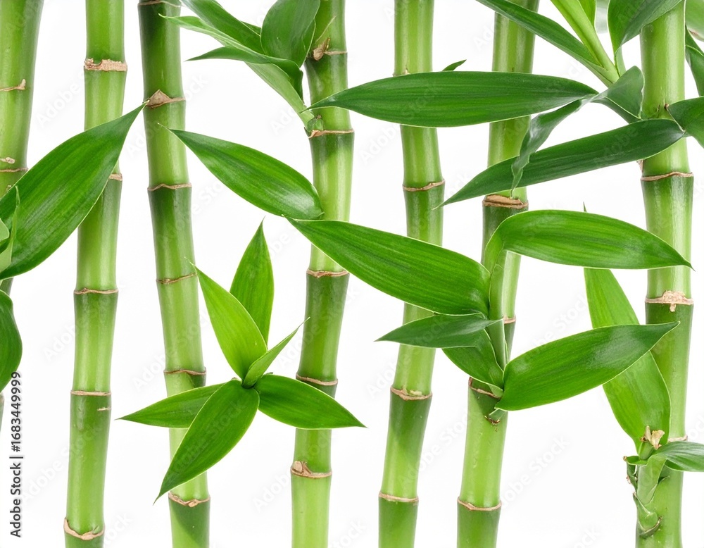 Fototapeta premium Fresh Green Bamboo Stalks and Leaves on a White Background