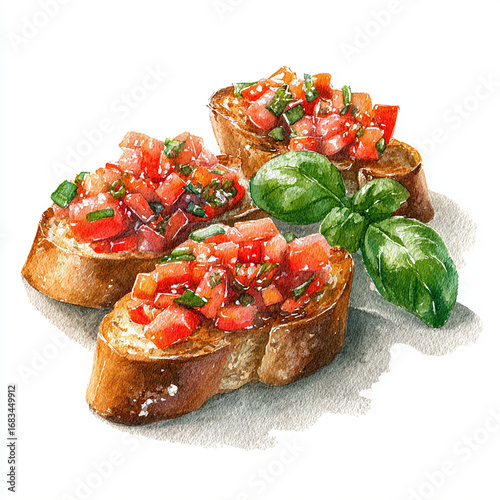 Hand-painted watercolor illustration of bruschetta with fresh diced tomatoes, basil, and olive oil on toasted bread slices, food clipart on white background.