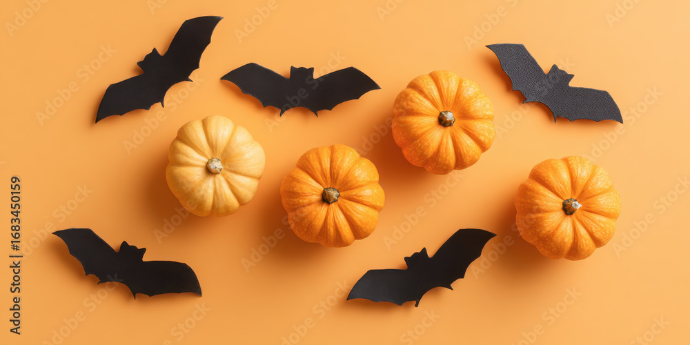 Fototapeta premium Small pumpkins orange pumpkin bat decoration Halloween festive still life