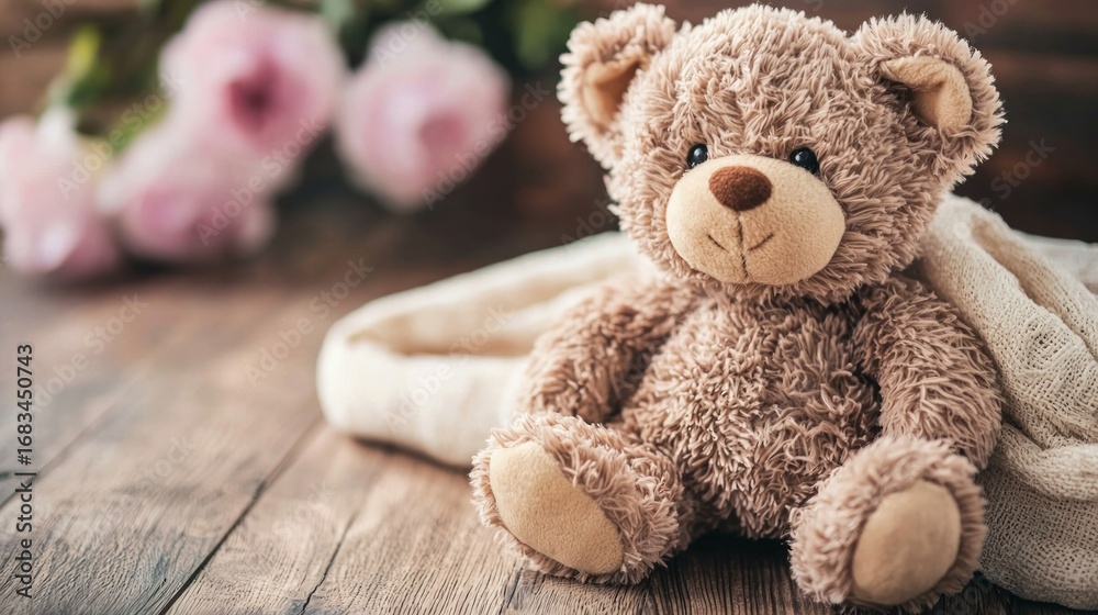 Fototapeta premium A brown teddy bear with a beige blanket on a wooden table with a bouquet of pink roses in the background.
