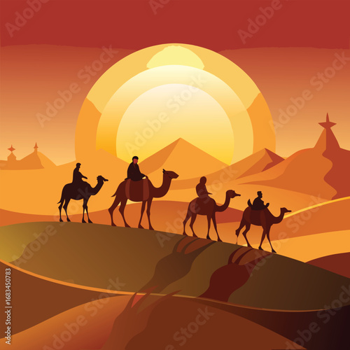 Desert silhouette of camels walking