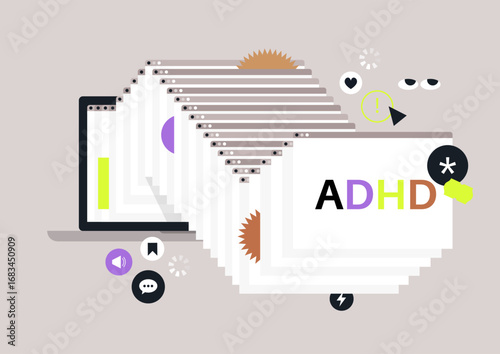 Digital artwork depicts an ADHD brain as a laptop with multiple tabs open, surrounded by hovering distractions, symbolizing the struggle to concentrate in a modern world