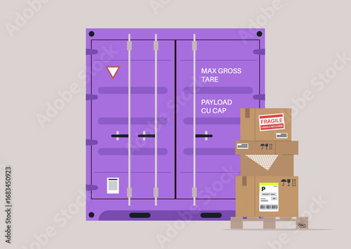 Brightly colored cargo container seen from the front stands out with clear markings and metal fittings, a stack of cardboard boxes sitting in front of it