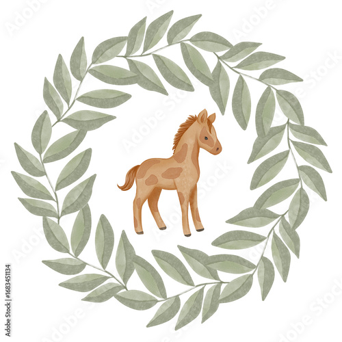 Round watercolor frame decorated with leaves and a cute horse in a hand-painted style. Ideal for greeting cards, invitations, children’s designs, packaging, and farm-themed projects.