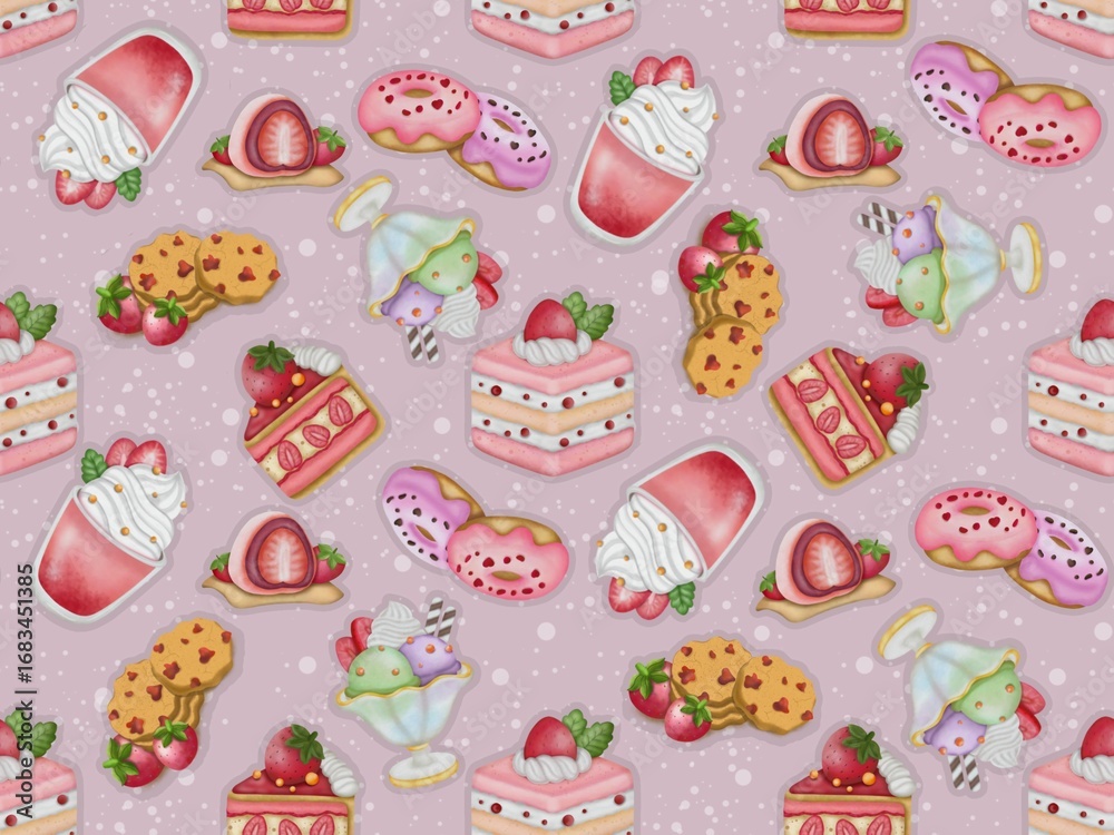 Naklejka premium Cute Strawberry Dessert Seamless Pattern on Pastel Pink Background, Sweet Food Illustration