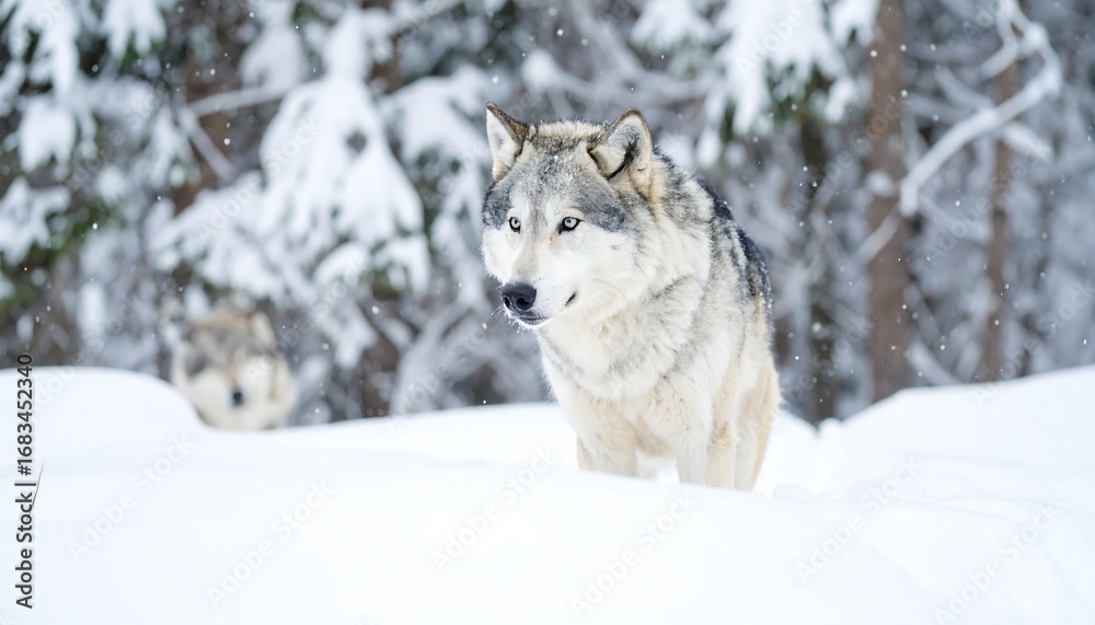 Obraz premium A majestic gray wolf stands vigilant in a snowy winter landscape, its piercing gaze focused on the viewer.