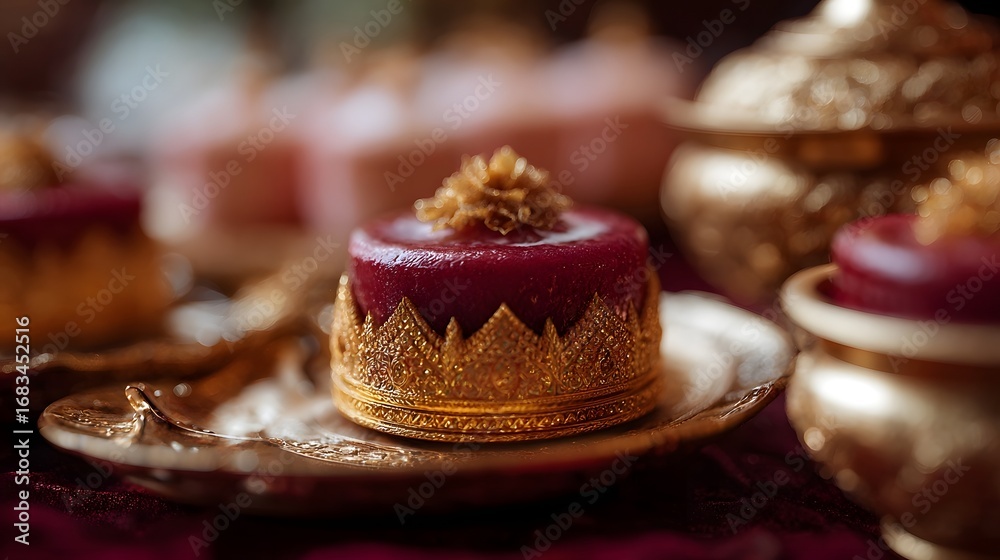 Fototapeta premium An exquisite rich red dessert adorned with intricate golden traditional patterns served on a luxurious gold plate set for a ceremonial occasion