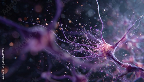A vibrant microscopic view of a neuron, with intricate branching structures and glowing particles