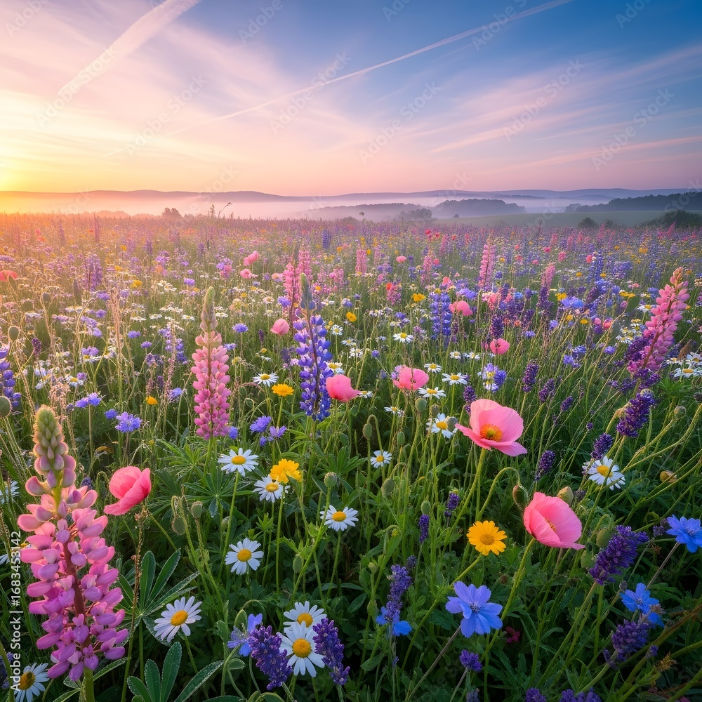 Obraz premium A vibrant meadow at dawn filled with colorful wildflowers under a pastel sky scene