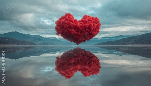 Heart-shaped cloud hovering over a serene lake