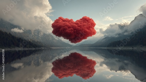 A serene mountain lake scene with a heart-shaped cloud reflected in the water