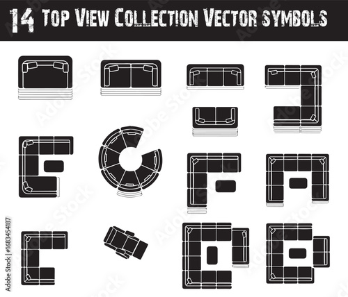 Collection of 14 top view vector symbols representing various sofa and couch furniture arrangements for interior design and layout planning
