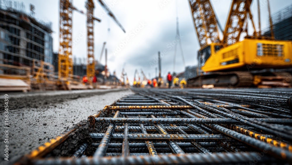 Naklejka premium Construction site with steel reinforcement