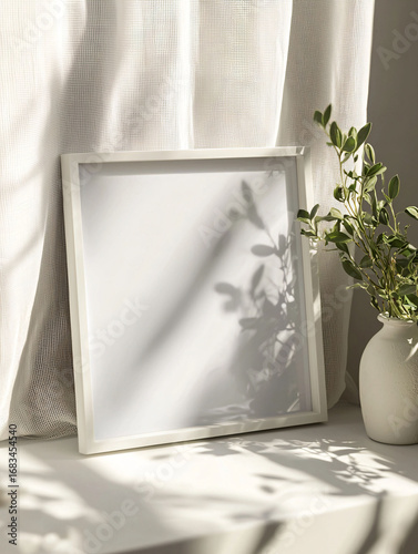 Minimalist Frame with Shadows and Greenery in Soft Natural Light