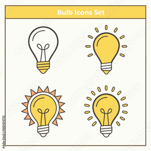 Illustration of four light bulbs with different designs on a cream background in a yellow border