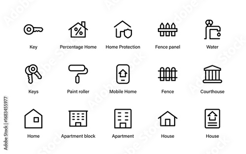 House Property Construction Modern Line Icon Collection, Professional Minimal Outline Vector Pack with Unique Real Estate and Stylish Architecture Symbols