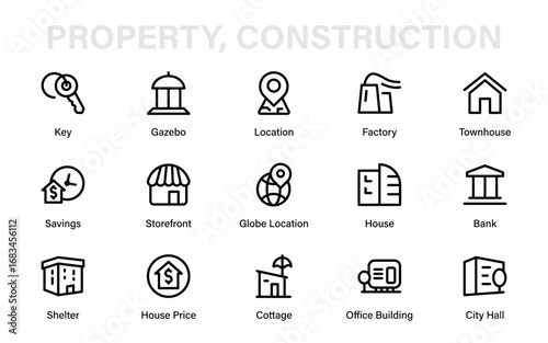 House Property Construction Professional Line Icon Set, Modern Minimal Outline Vector Pack Featuring Unique Building, Real Estate, and Architecture Symbols