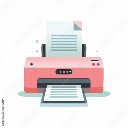 Pink printer printing a document, simple illustration, office supplies, technology.