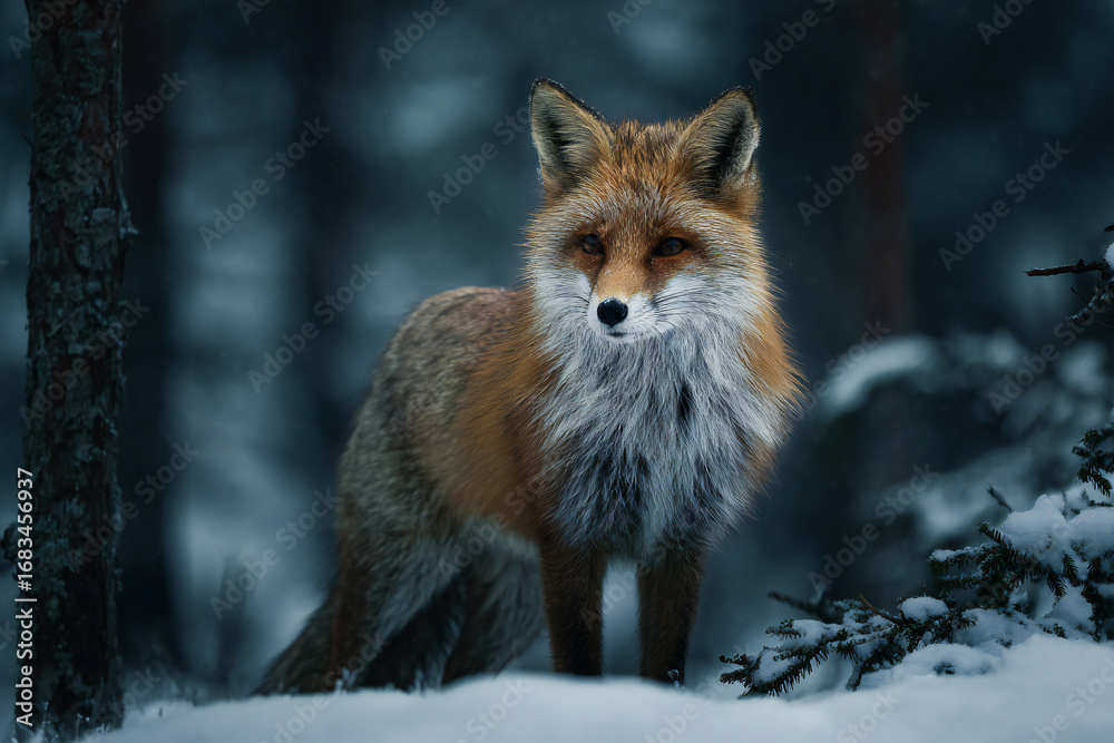 Fototapeta premium Wild fox standing alert in a snowy forest, natural winter environment, sharp focus on fur details