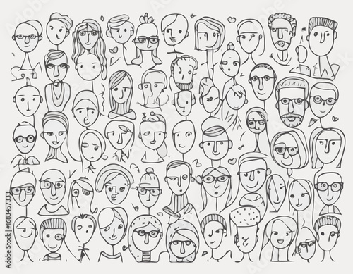 Set of people faces hand drawn in doodle style.Black lines and silhuette.Social network concept.Vector illustration.